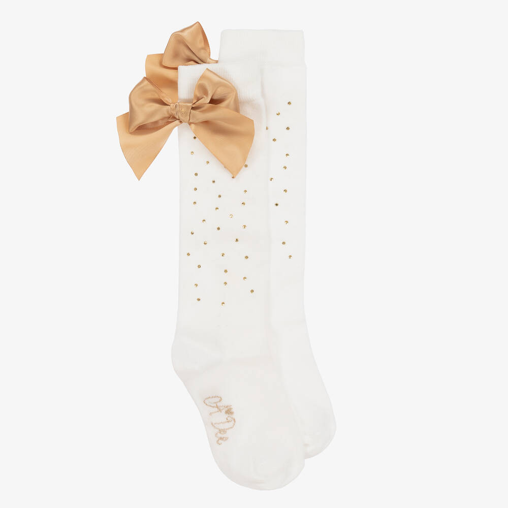 A Dee - Girls White Diamanté & Bow Knee-High Socks | Childrensalon