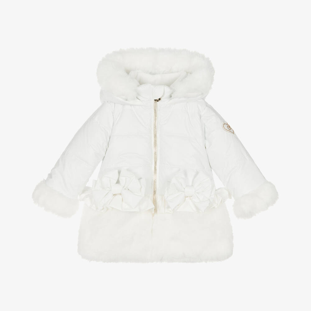 A Dee - Girls White Faux Fur Hooded Coat  | Childrensalon