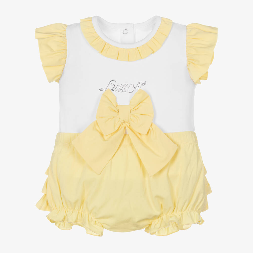 A Dee - Girls Yellow Cotton Bow Shorts Set | Childrensalon