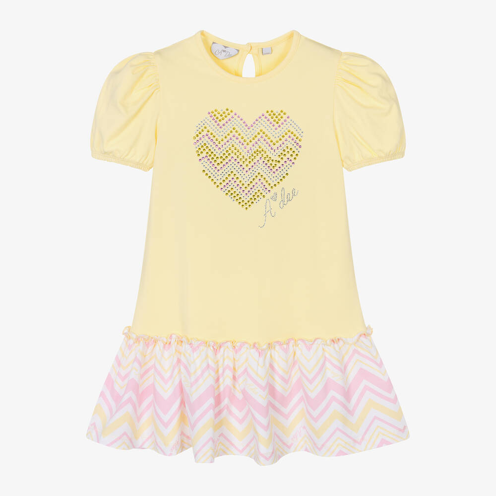 A Dee - فستان بطبعة قلب قطن جيرسي لون أصفر وزهري | Childrensalon