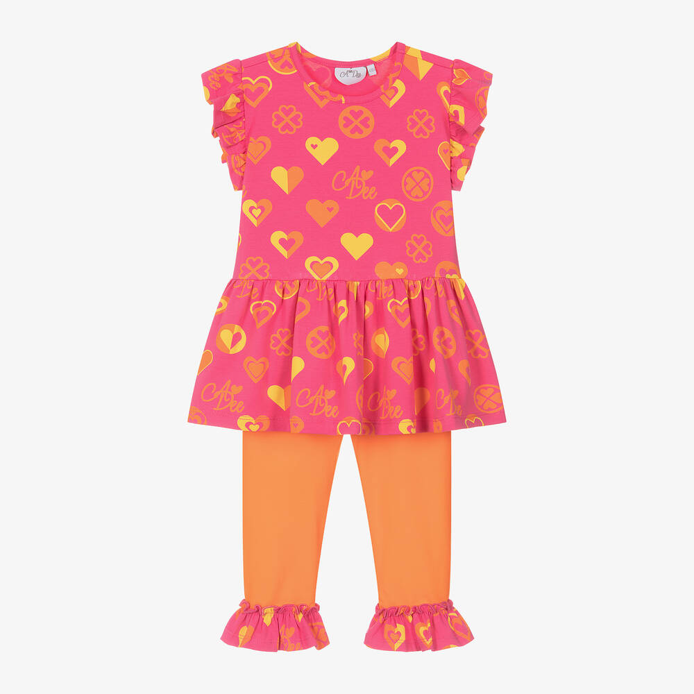 A Dee - طقم ليقنز بطبعة قلوب قطن لون برتقالي وزهري | Childrensalon