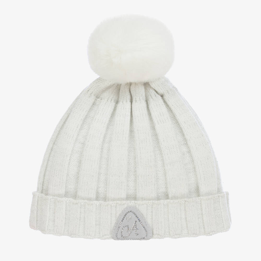 A Dee - White & Silver Knitted Pom-Pom Hat | Childrensalon