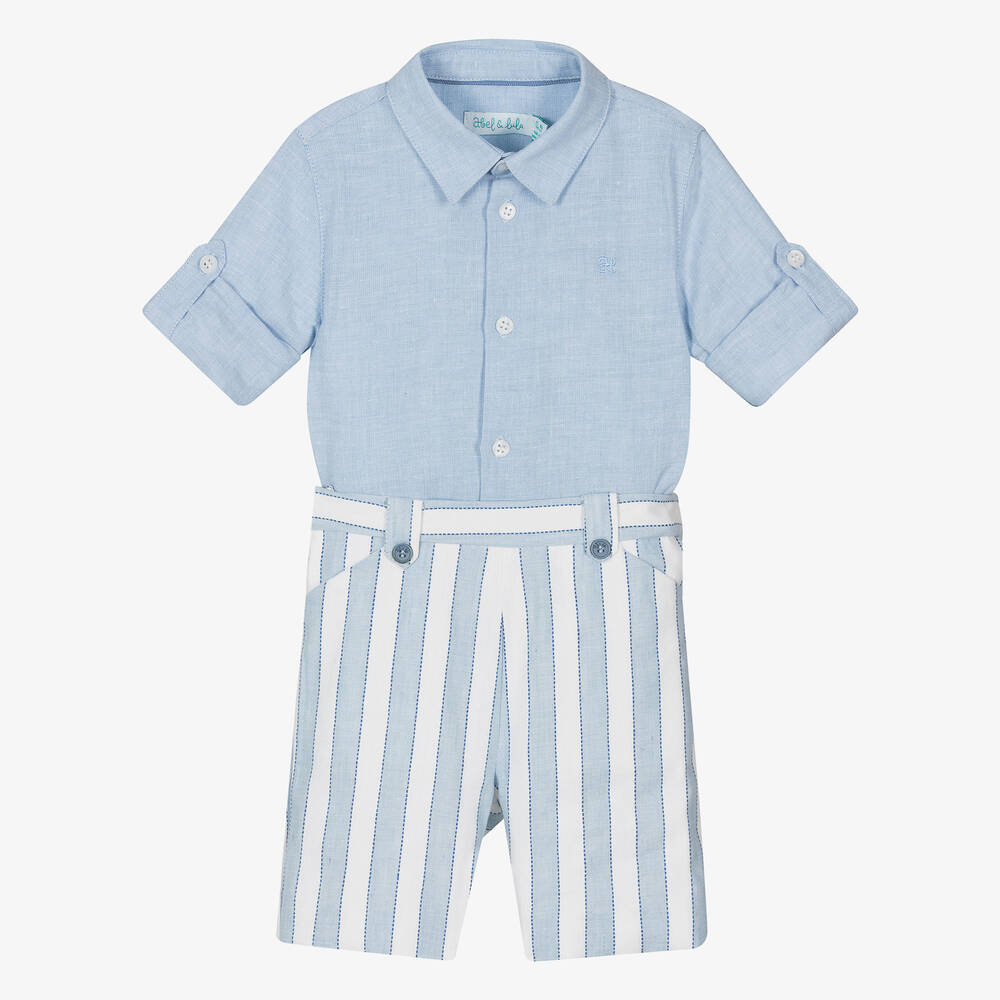 Abel & Lula - Boys Blue Striped Linen Shorts Set | Childrensalon