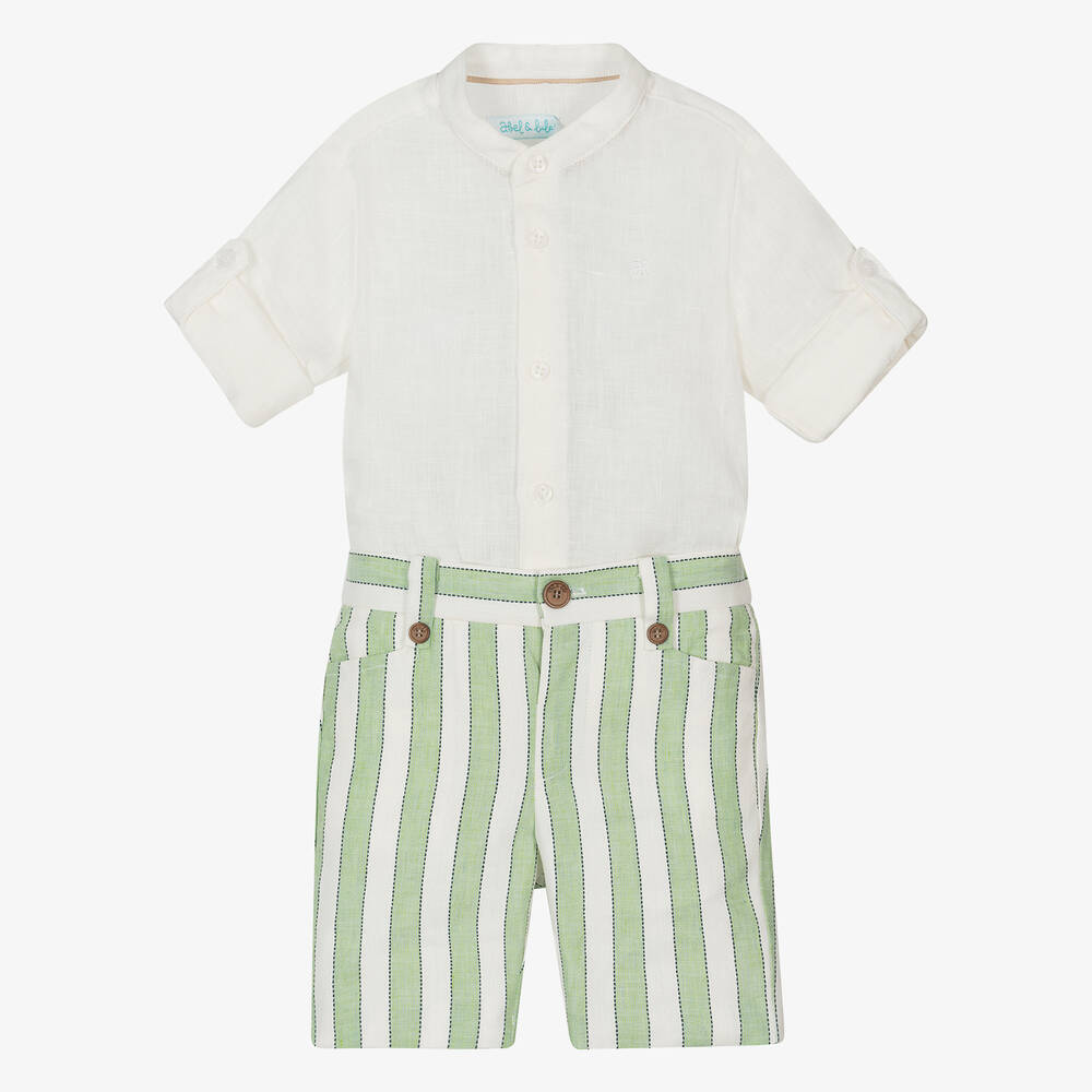 Abel & Lula - Boys Green Striped Linen Shorts Set | Childrensalon