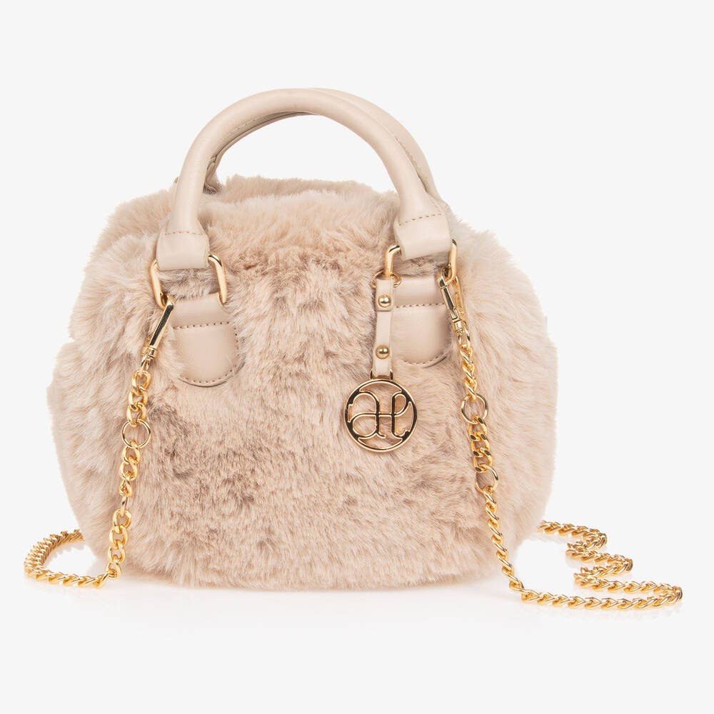 Abel & Lula - Girls Beige Faux Fur Handbag (20cm) | Childrensalon