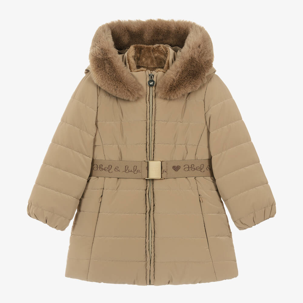 Abel & Lula - Girls Beige Fur Trim Hooded Puffer Coat | Childrensalon