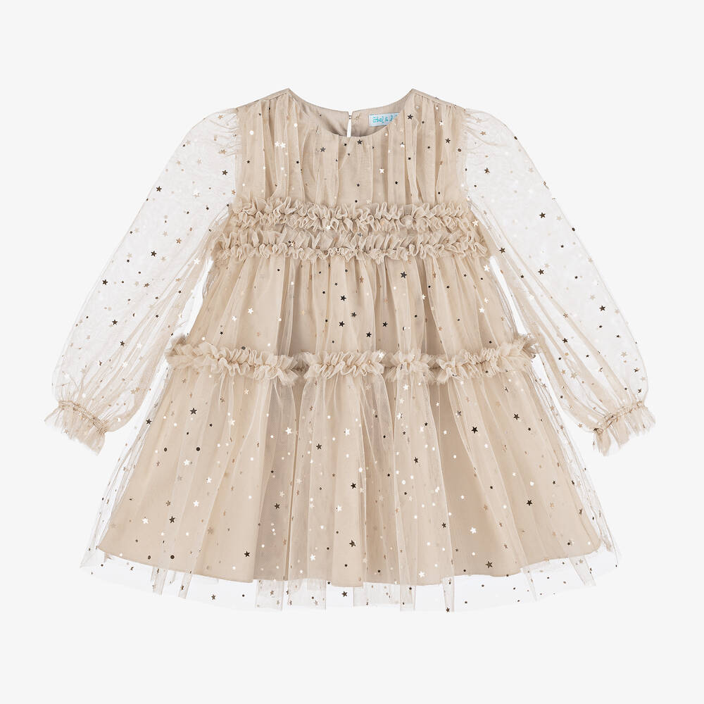 Abel & Lula - Mädchen Beige & Gold Stern Tüllkleid | Childrensalon