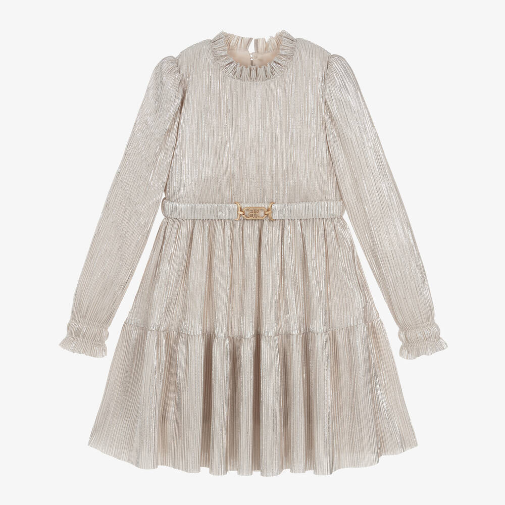 Abel & Lula - Girls Beige & Silver Plissé Dress | Childrensalon