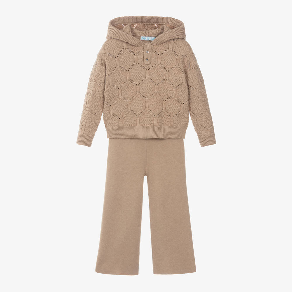 Abel & Lula - Girls Beige Viscose Knit Trouser Set | Childrensalon