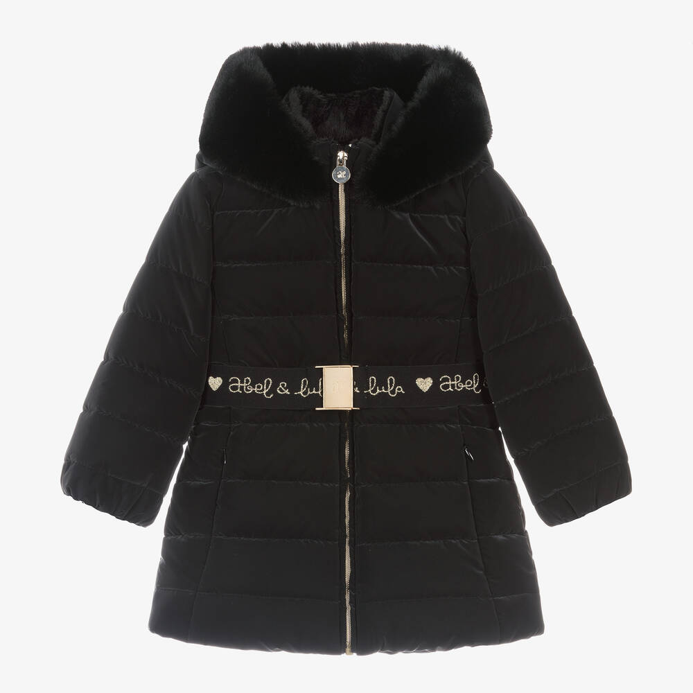 Abel & Lula - Girls Black Fur Trim Hooded Puffer Coat | Childrensalon