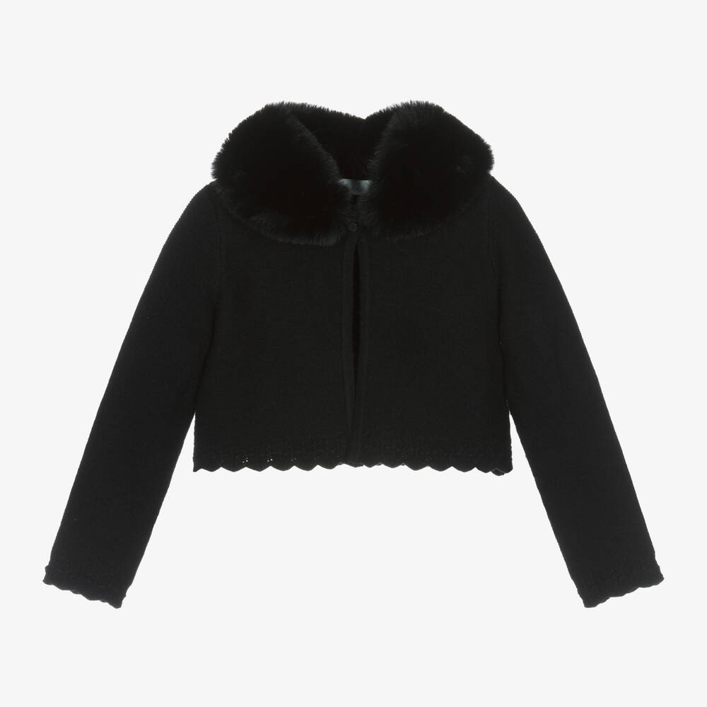 Abel & Lula - Girls Black Plush Collar Cardigan | Childrensalon