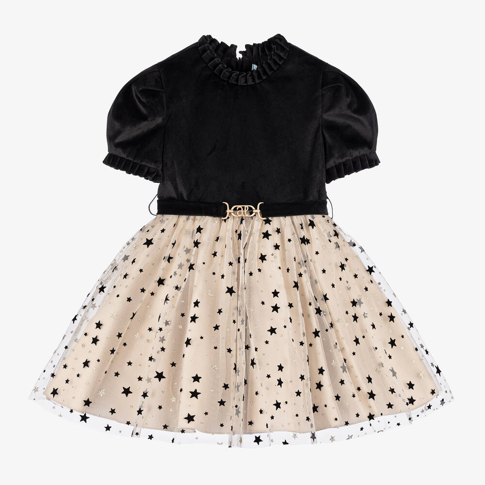 Abel & Lula - Girls Black Velvet & Gold Tulle Dress | Childrensalon