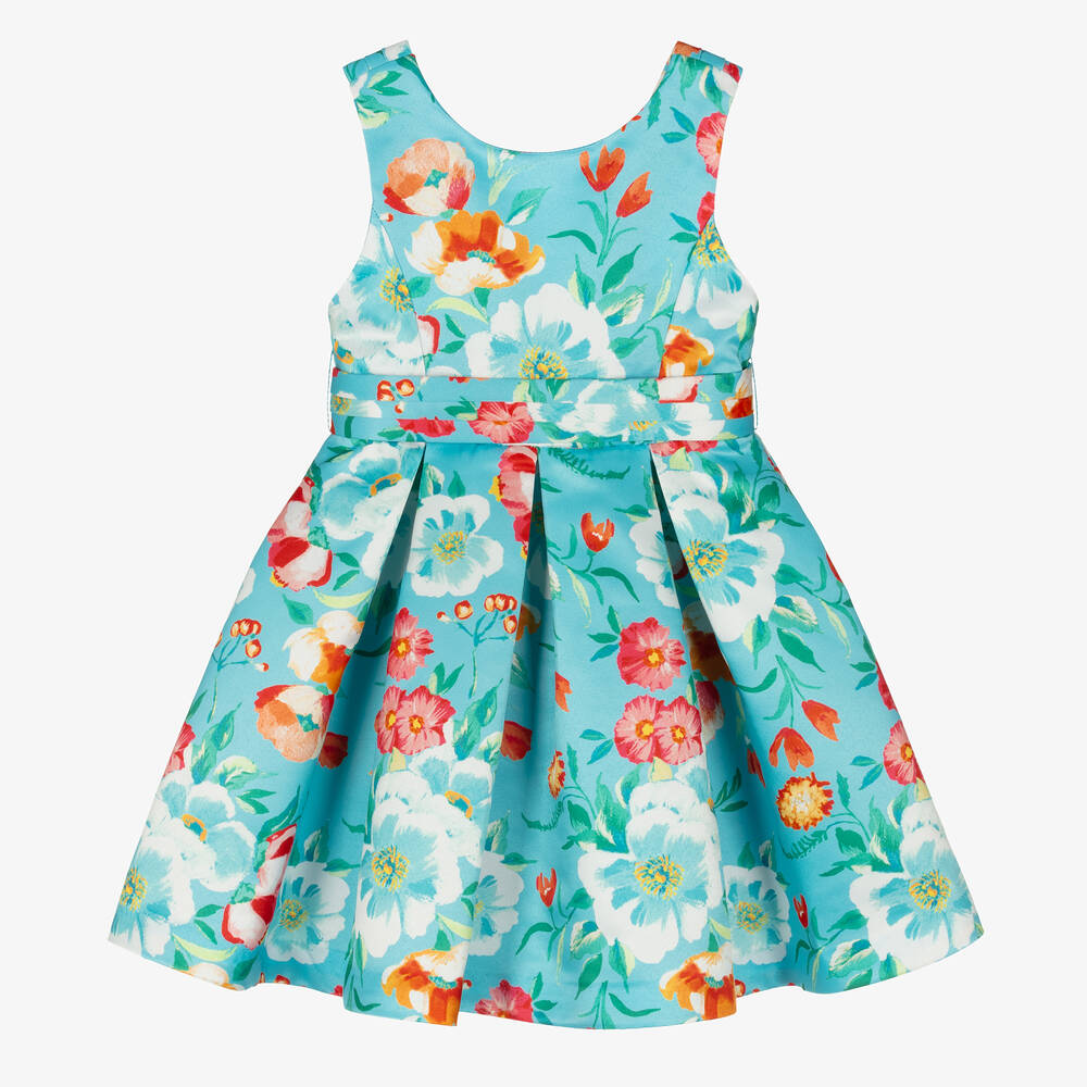Abel & Lula - Girls Blue Floral Satin Dress | Childrensalon