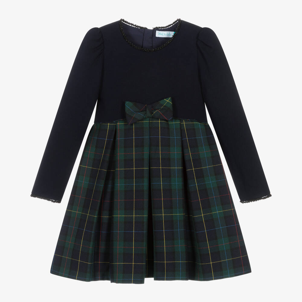 Abel & Lula - Girls Blue & Green Tartan Bow Dress | Childrensalon