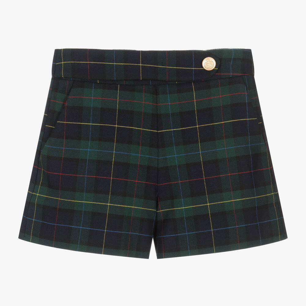 Abel & Lula - Girls Blue & Green Tartan Viscose Shorts | Childrensalon