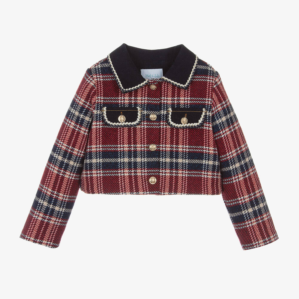 Abel & Lula - Girls Blue & Red Tartan Tweed Jacket  | Childrensalon