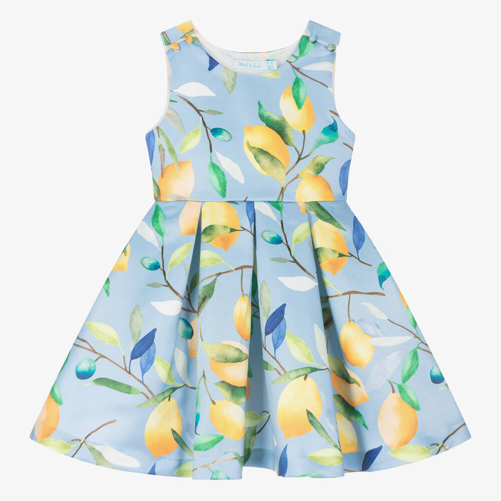Abel & Lula - Girls Blue Satin Lemon Print Dress | Childrensalon