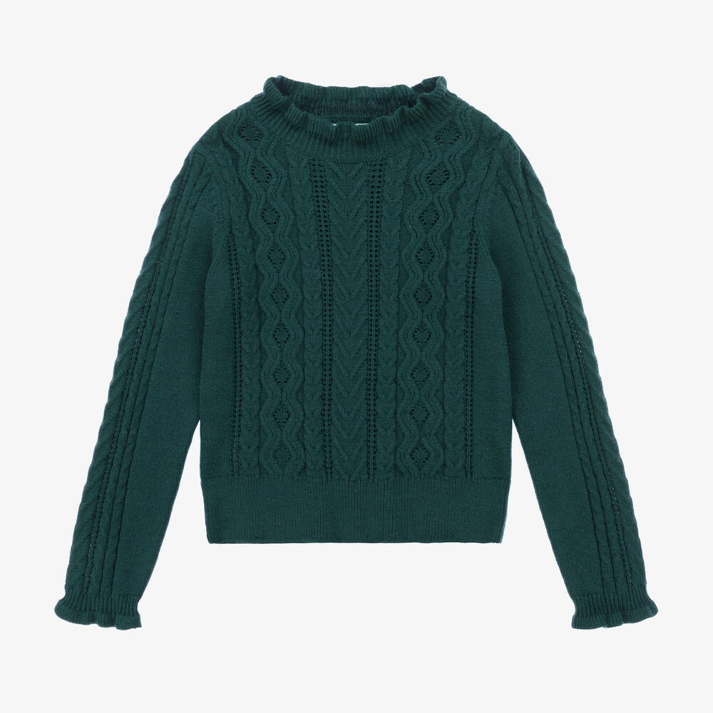 Abel & Lula - Girls Green Cable Knit Sweater | Childrensalon