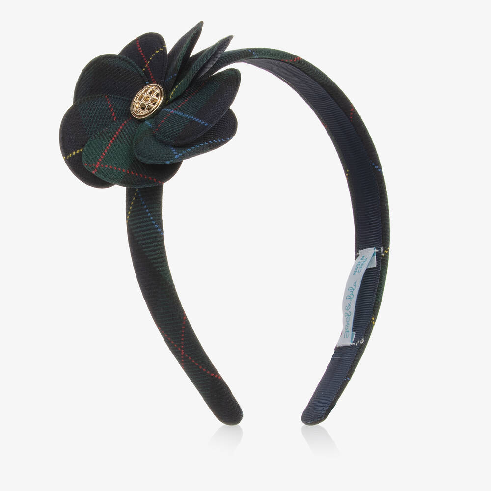 Abel & Lula - Girls Green Tartan Flower Hairband | Childrensalon