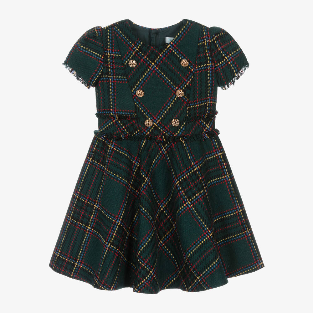 Abel & Lula - Girls Green Tartan Tweed Dress | Childrensalon