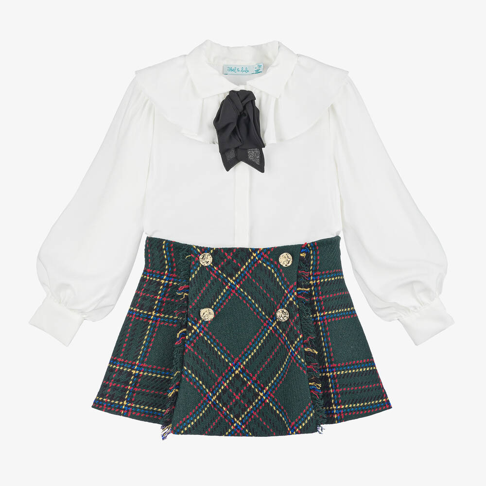 Abel & Lula - Girls Green Tartan Tweed Skirt Set | Childrensalon