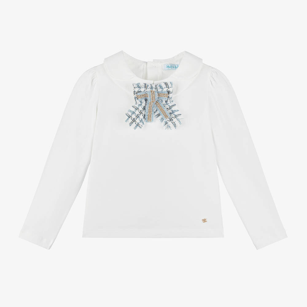 Abel & Lula - Girls Ivory Cotton Bow Top | Childrensalon