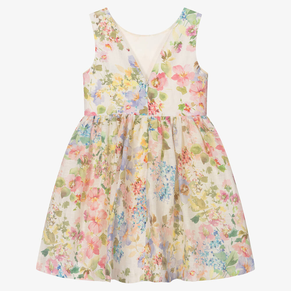 Abel & Lula - Girls Ivory & Pink Floral Linen Dress | Childrensalon