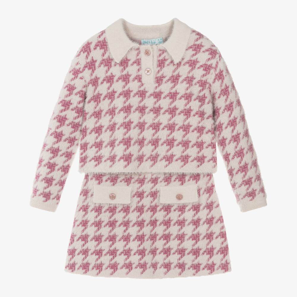 Abel & Lula - Girls Pink Houndstooth Knitted Skirt Set | Childrensalon