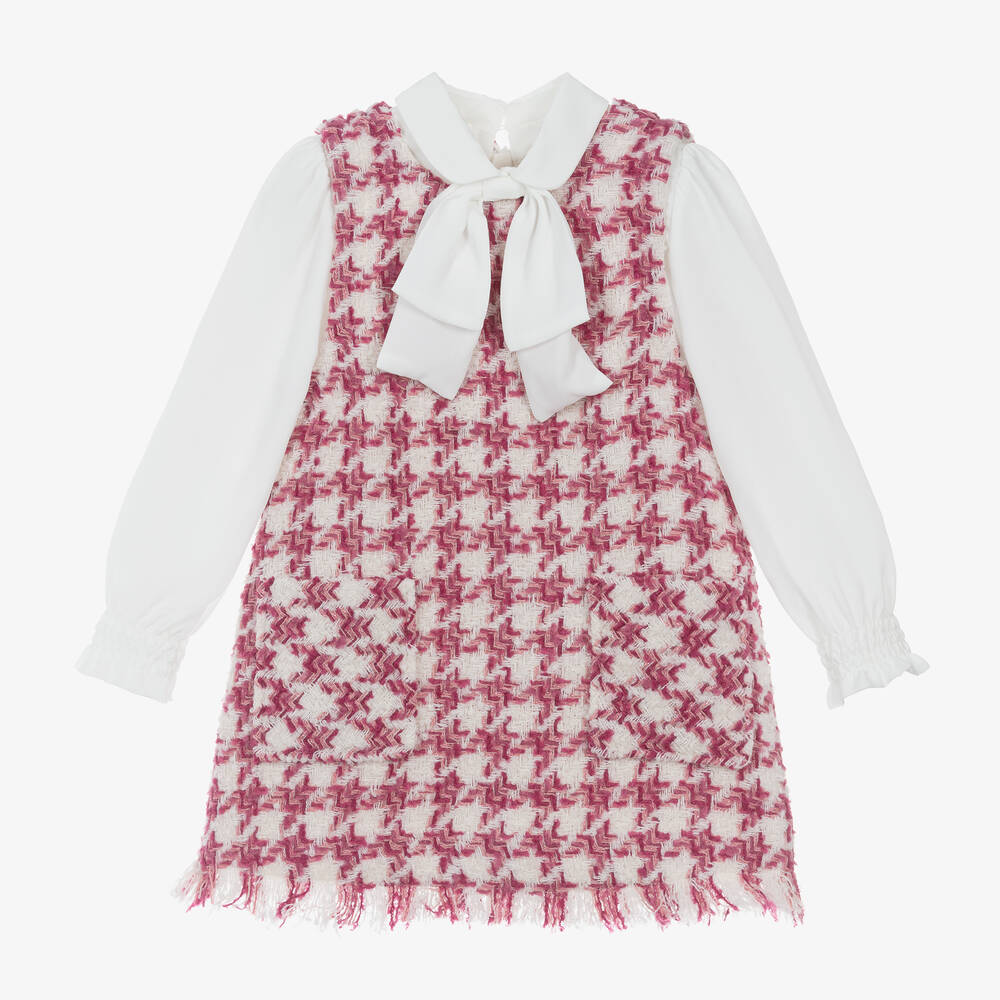 Abel & Lula - Girls Pink Houndstooth Tweed Dress | Childrensalon