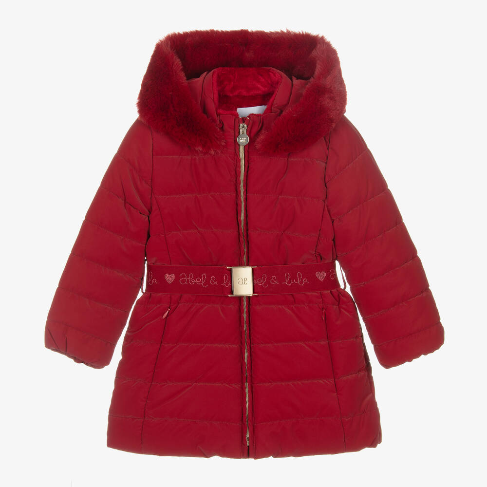 Abel & Lula - Girls Red Fur Trim Hooded Puffer Coat | Childrensalon