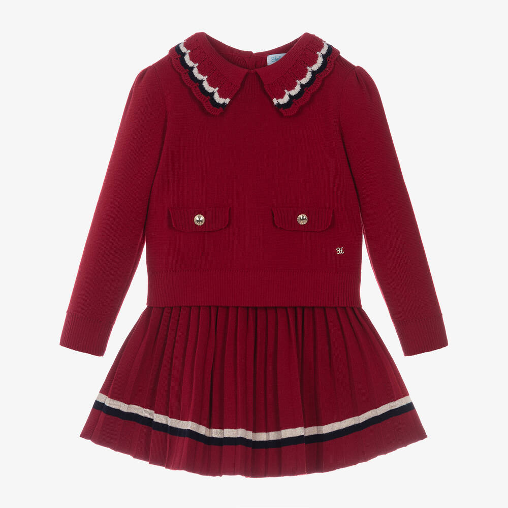 Abel & Lula - Girls Red Knitted Viscose Skirt Set | Childrensalon