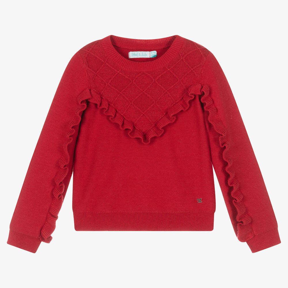 Abel & Lula Kids' Girls Red Viscose Ruffle Detail Sweater