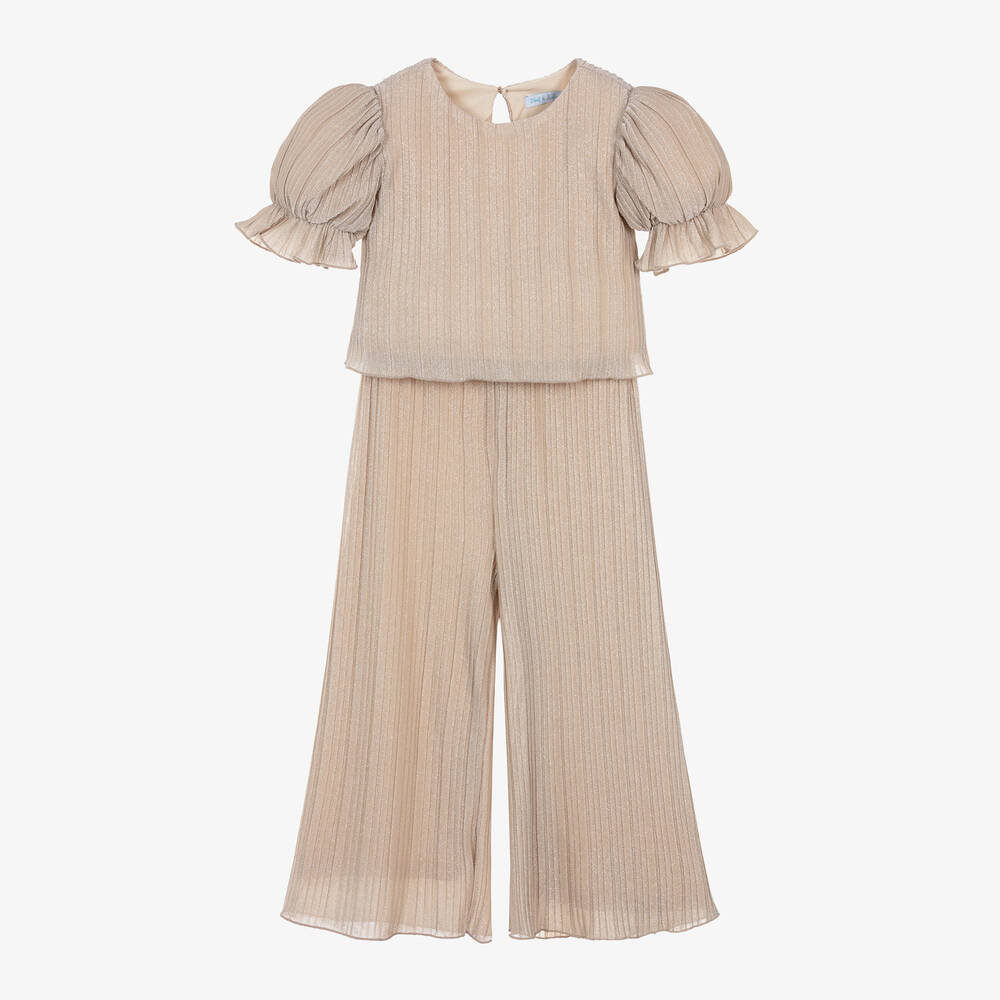 Abel & Lula - Girls Sparkly Beige Plissé Trouser Set | Childrensalon