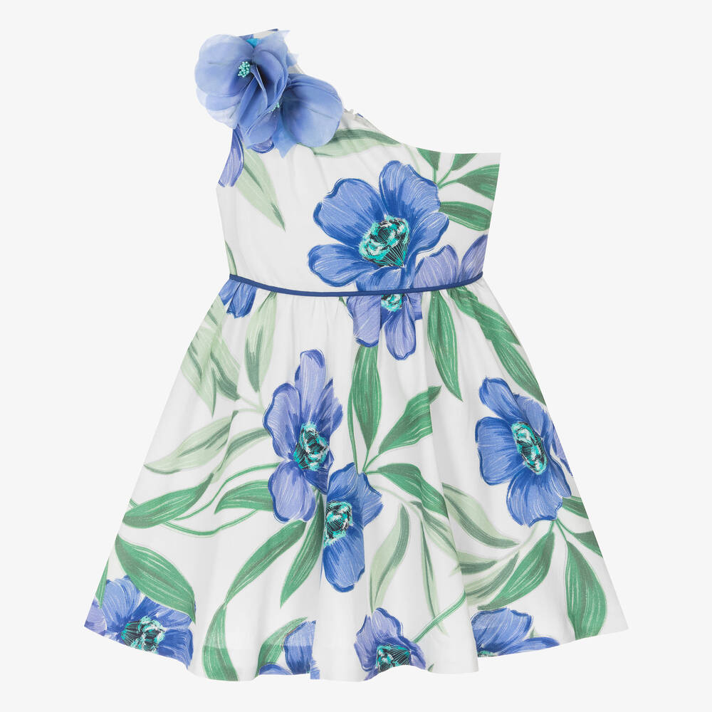 Abel & Lula - Girls White & Blue Floral Dress | Childrensalon