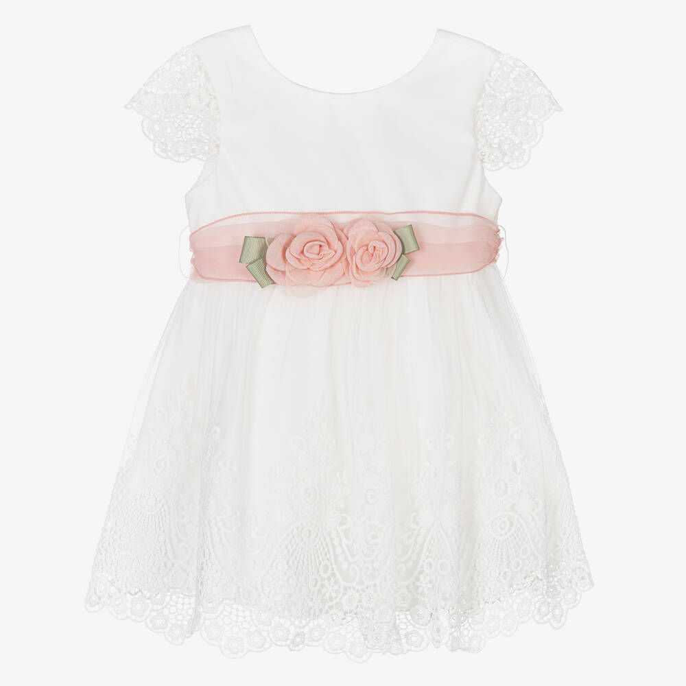 Abel & Lula - Girls White Floral Tulle & Lace Dress | Childrensalon