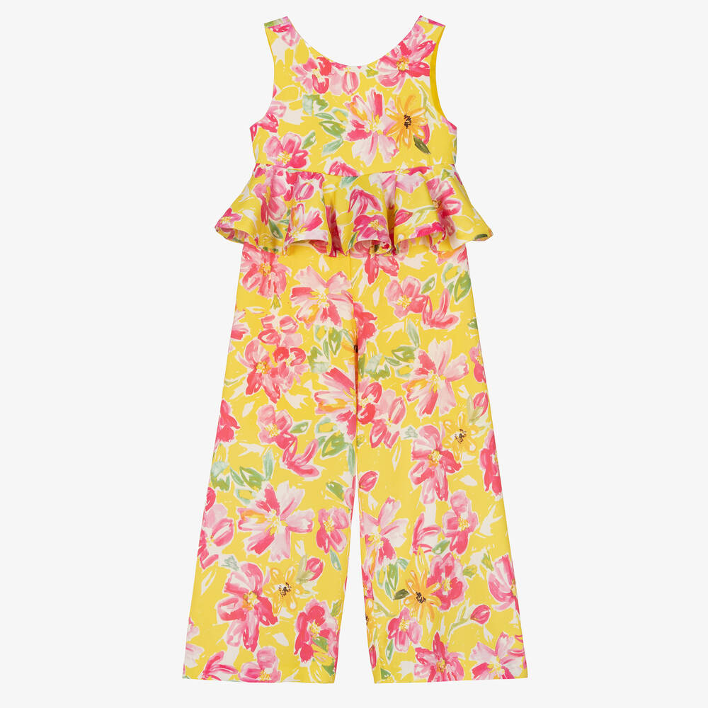 Shop Abel & Lula Girls Yellow Satin Floral Jumpsuit