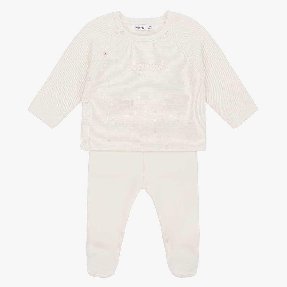 Absorba - Ivory Cotton Knitted 2 Piece Babygrow | Childrensalon