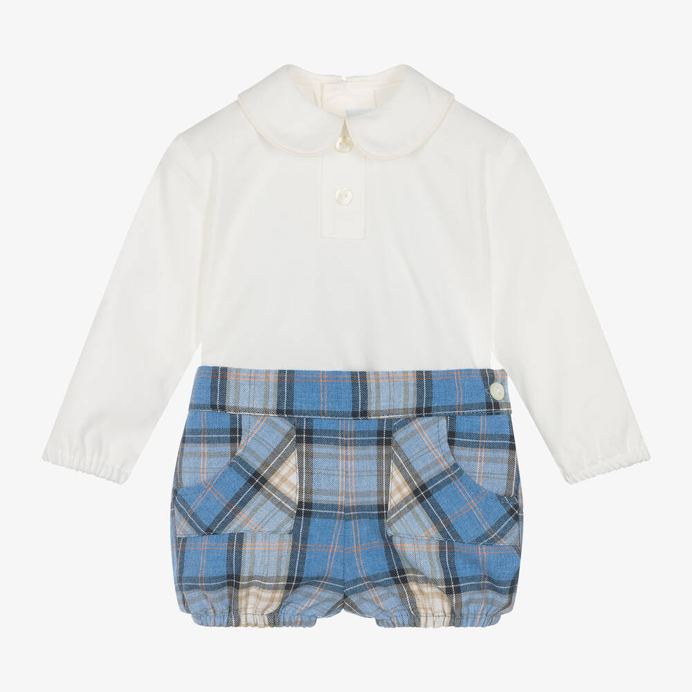 Abuela Tata - Baby Boys Blue Check Cotton Shorts Set | Childrensalon