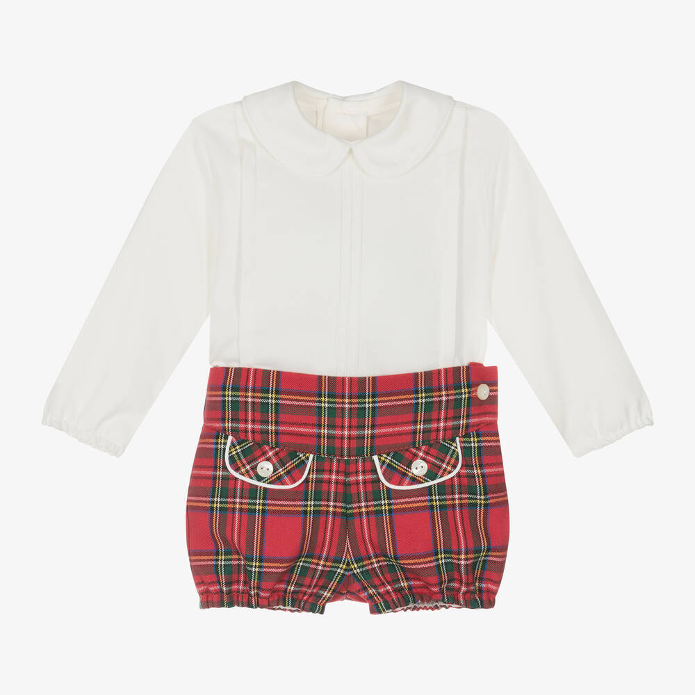 Abuela Tata - Baby Boys Red Tartan Cotton Shorts Set | Childrensalon