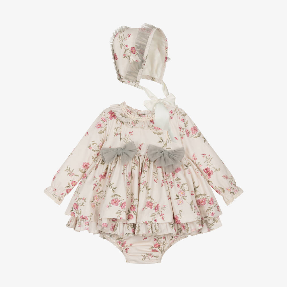 Abuela Tata - Baby Girls Beige Floral Print Cotton Dress Set | Childrensalon