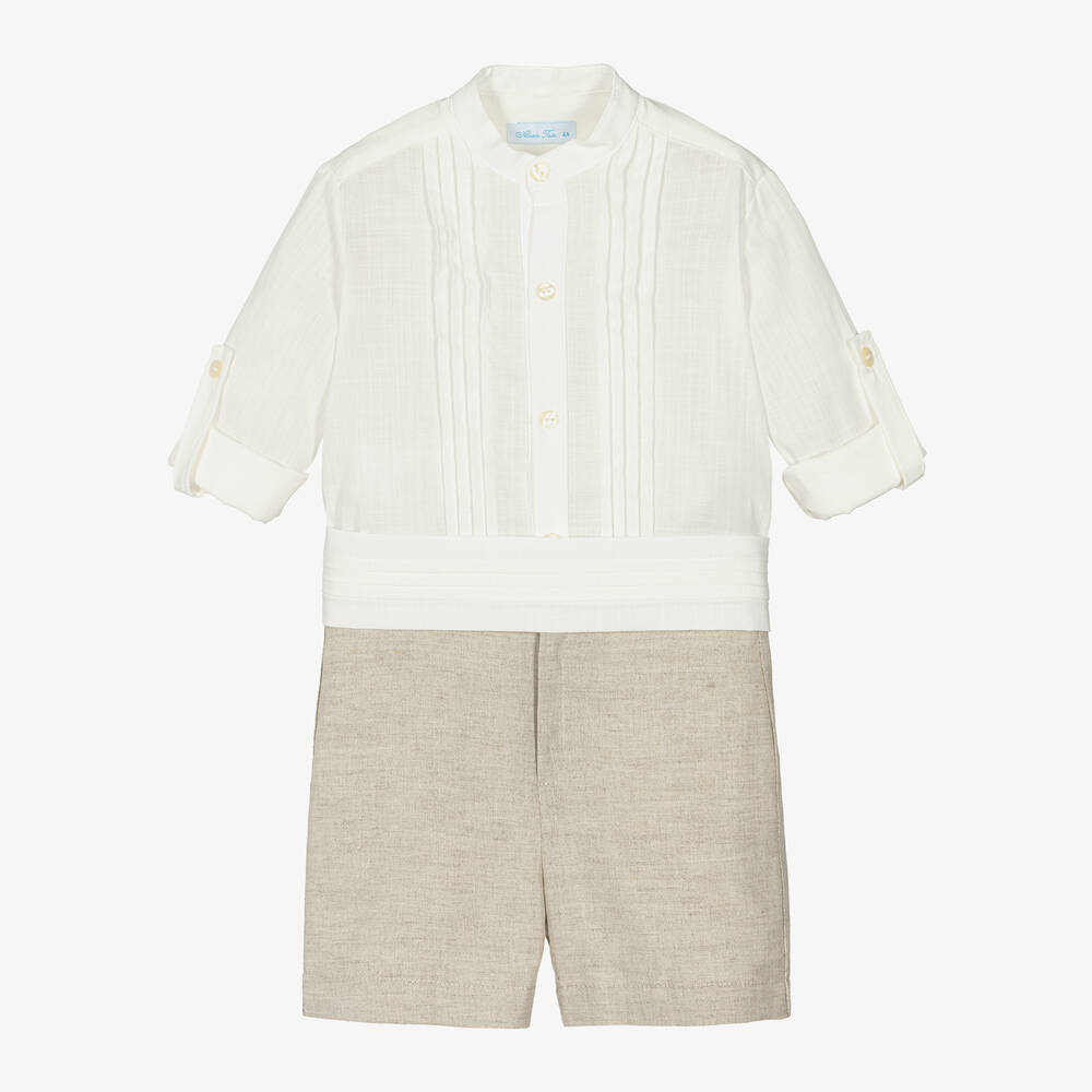Abuela Tata - Boys Beige & Ivory Cotton & Linen Shorts  | Childrensalon