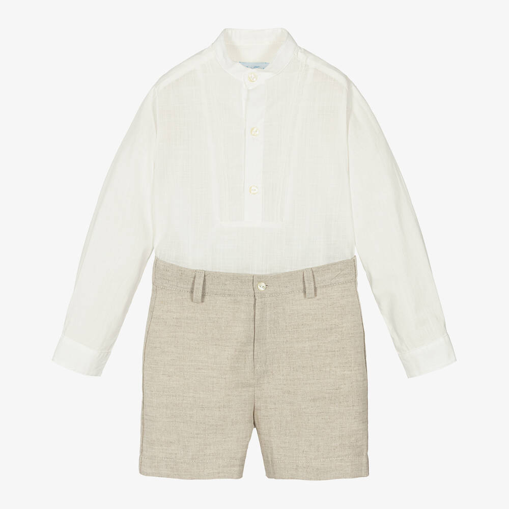 Abuela Tata - Boys Beige & Ivory Cotton & Linen Shorts Set | Childrensalon