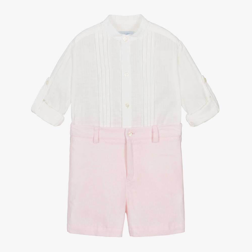 Abuela Tata - Boys Ivory & Pink Cotton & Linen Shorts Set | Childrensalon