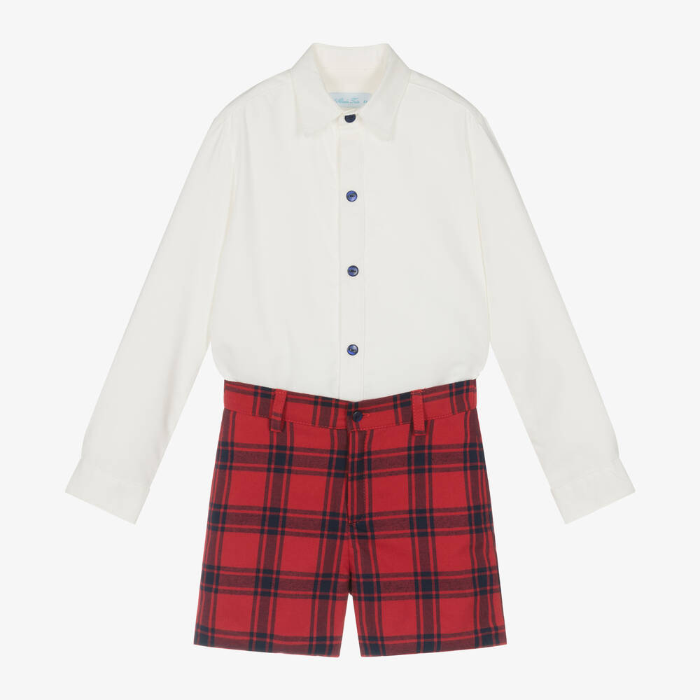 Abuela Tata - Boys Ivory & Red Check Cotton Shorts Set | Childrensalon