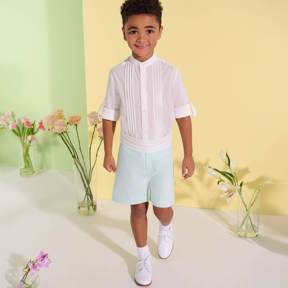 Abuela Tata-Boys Ivory Shirt & Green Shorts Set | Childrensalon