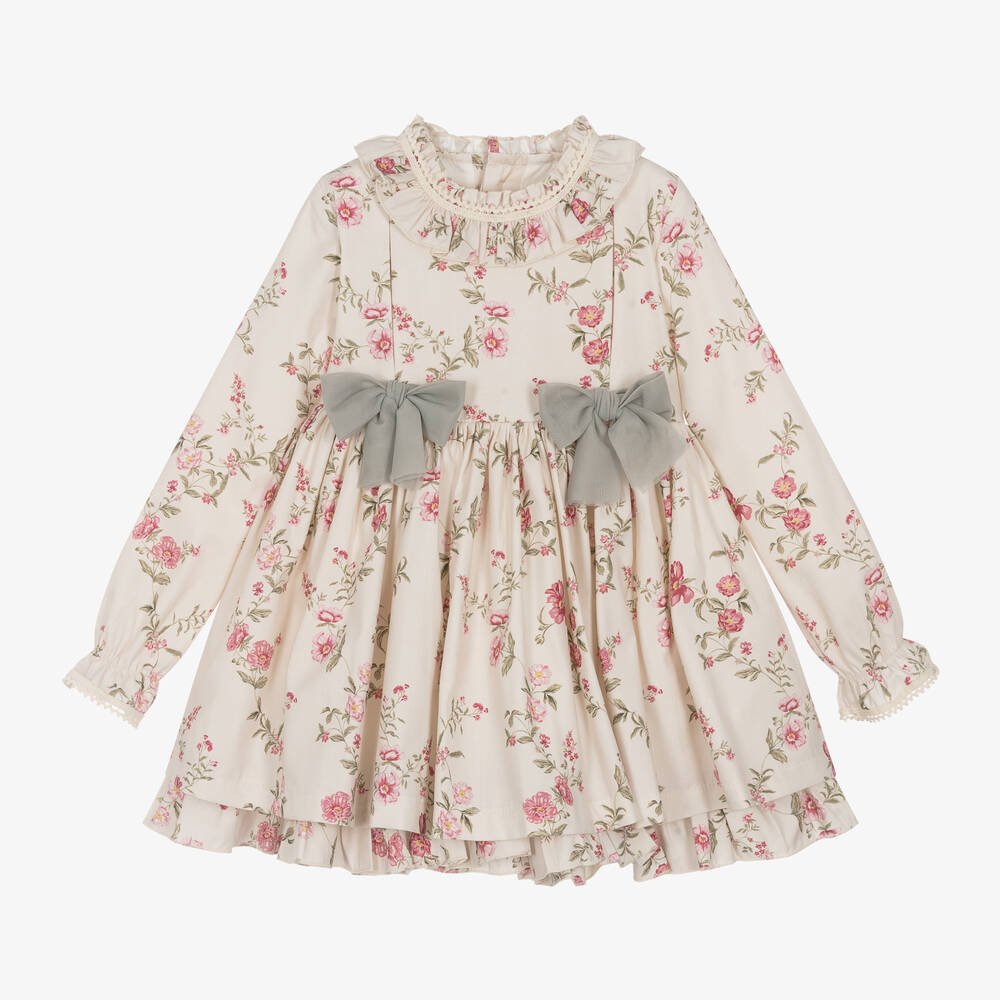 Abuela Tata - Girls Beige Floral Print Cotton Dress | Childrensalon