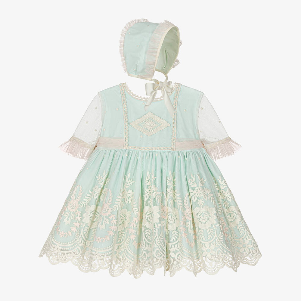 Abuela Tata - Girls Green Floral Embroidered Dress Set | Childrensalon