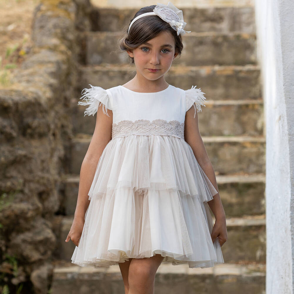 Abuela Tata - Girls Ivory & Beige Tulle Dress | Childrensalon