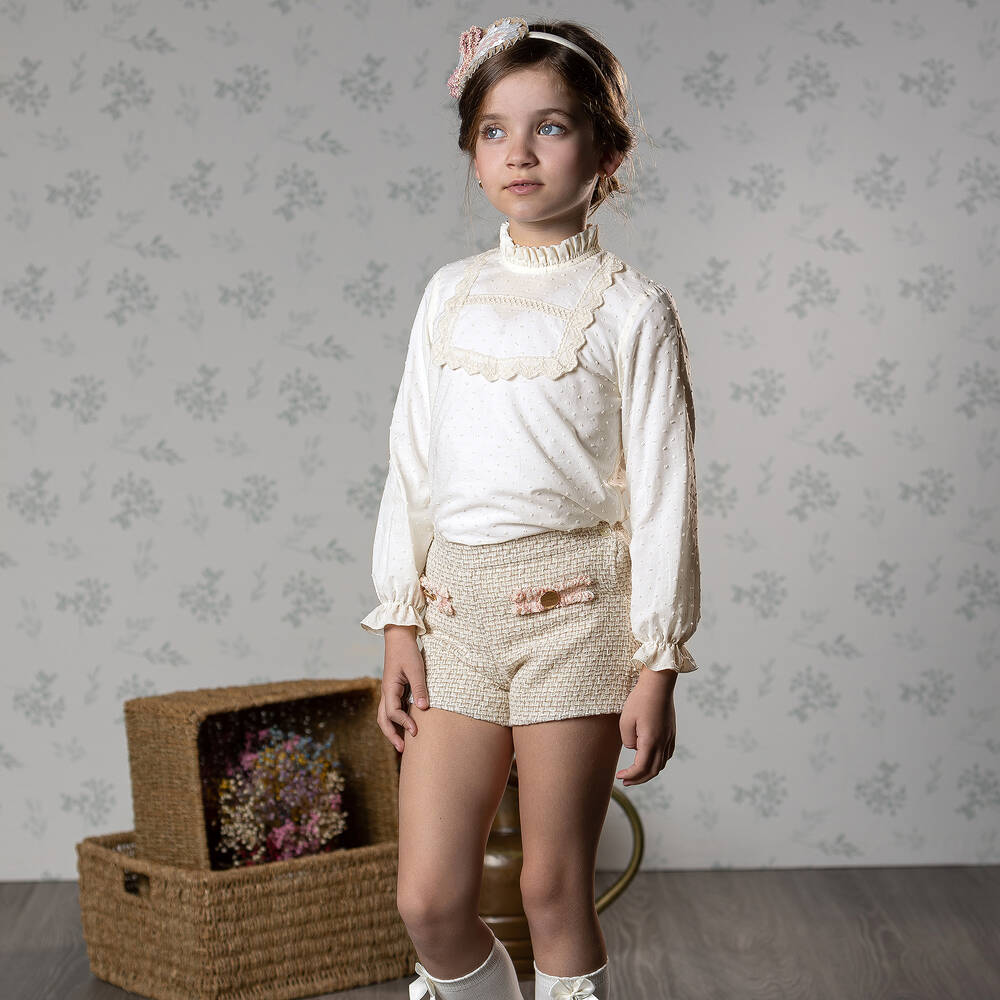 Abuela Tata - Girls Ivory & Beige Tweed Shorts Set | Childrensalon