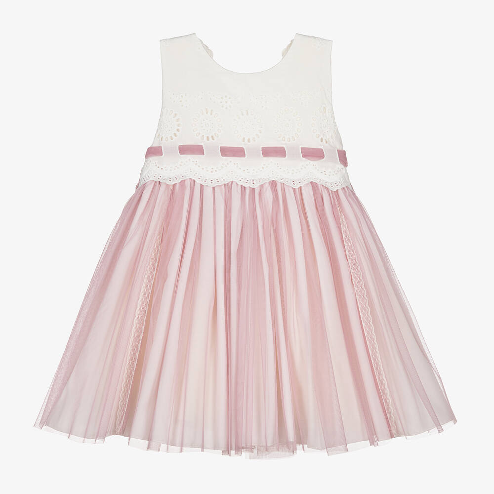 Abuela Tata Babies' Girls Ivory Cotton & Pink Tullle Dress